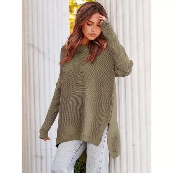 imageANRABESS Womens Oversized Long Batwing Sleeve Round Neck Spilt High Low Hem Knit Tunic Pullover Sweater TopsGreen