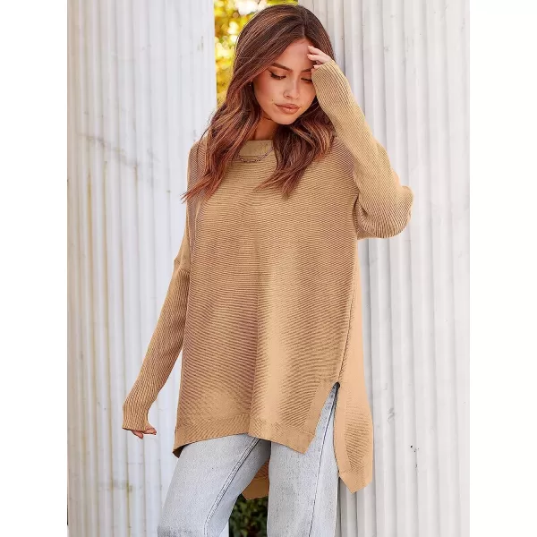 imageANRABESS Womens Oversized Long Batwing Sleeve Round Neck Spilt High Low Hem Knit Tunic Pullover Sweater TopsKhaki