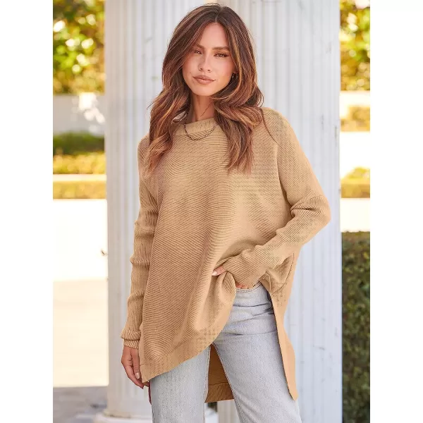 imageANRABESS Womens Oversized Long Batwing Sleeve Round Neck Spilt High Low Hem Knit Tunic Pullover Sweater TopsKhaki