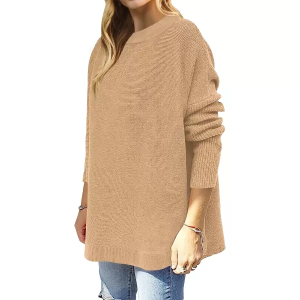 imageANRABESS Womens Oversized Long Batwing Sleeve Round Neck Spilt High Low Hem Knit Tunic Pullover Sweater TopsKhaki