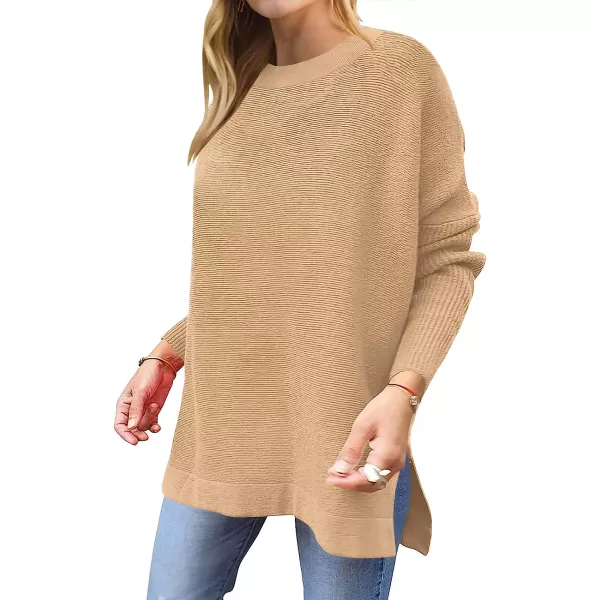 imageANRABESS Womens Oversized Long Batwing Sleeve Round Neck Spilt High Low Hem Knit Tunic Pullover Sweater TopsKhaki