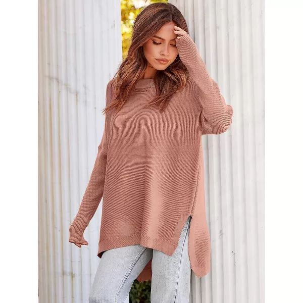 imageANRABESS Womens Oversized Long Batwing Sleeve Round Neck Spilt High Low Hem Knit Tunic Pullover Sweater TopsPink