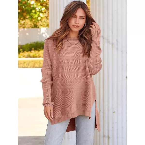 imageANRABESS Womens Oversized Long Batwing Sleeve Round Neck Spilt High Low Hem Knit Tunic Pullover Sweater TopsPink