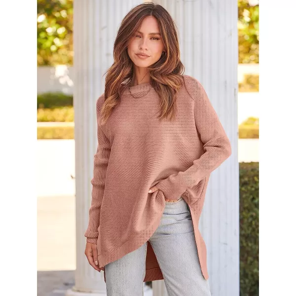 imageANRABESS Womens Oversized Long Batwing Sleeve Round Neck Spilt High Low Hem Knit Tunic Pullover Sweater TopsPink