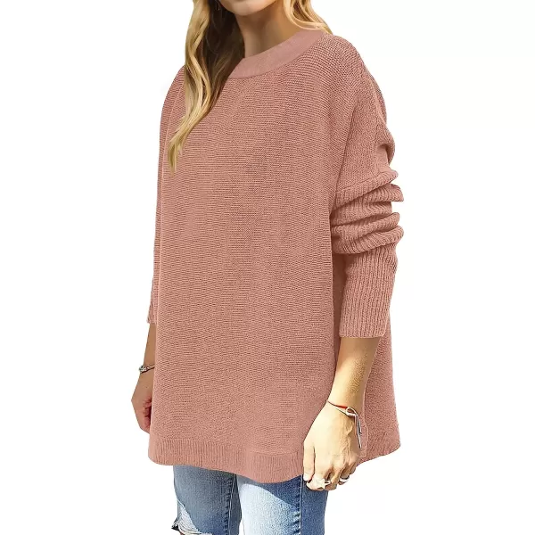 imageANRABESS Womens Oversized Long Batwing Sleeve Round Neck Spilt High Low Hem Knit Tunic Pullover Sweater TopsPink