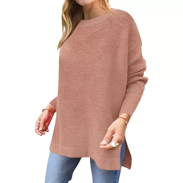 imageANRABESS Womens Oversized Long Batwing Sleeve Round Neck Spilt High Low Hem Knit Tunic Pullover Sweater TopsPink