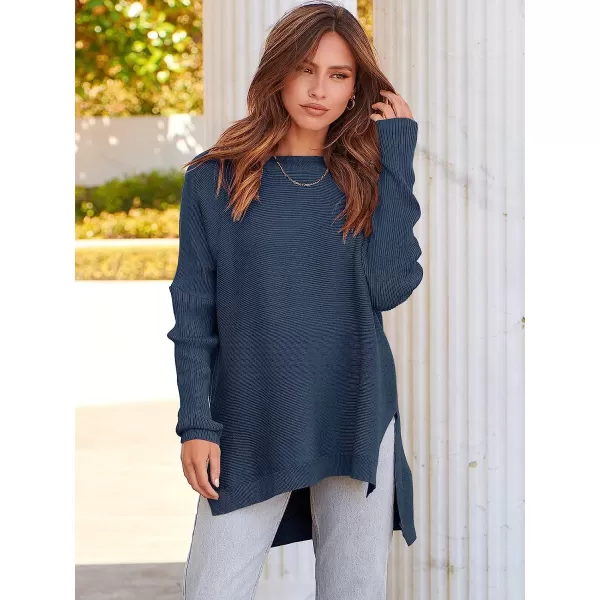 imageANRABESS Womens Oversized Long Batwing Sleeve Round Neck Spilt High Low Hem Knit Tunic Pullover Sweater TopsTeal