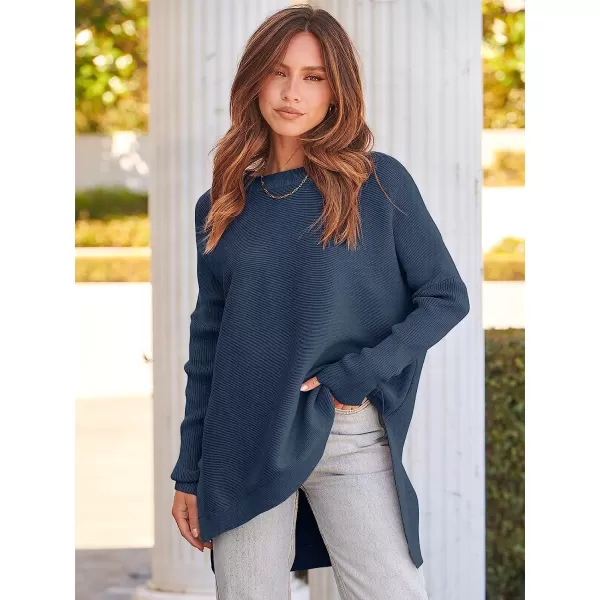 imageANRABESS Womens Oversized Long Batwing Sleeve Round Neck Spilt High Low Hem Knit Tunic Pullover Sweater TopsTeal