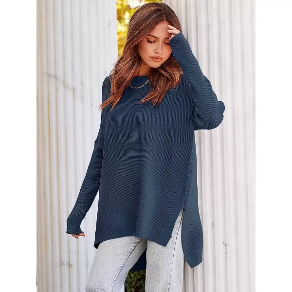 imageANRABESS Womens Oversized Long Batwing Sleeve Round Neck Spilt High Low Hem Knit Tunic Pullover Sweater TopsTeal
