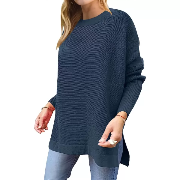 imageANRABESS Womens Oversized Long Batwing Sleeve Round Neck Spilt High Low Hem Knit Tunic Pullover Sweater TopsTeal