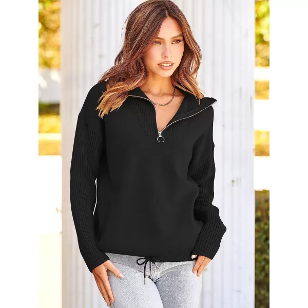 imageANRABESS Womens Oversized Long Sleeve Half Zipper Collared High Neck Pullover Sweatshirt Sweater PocketsBlack