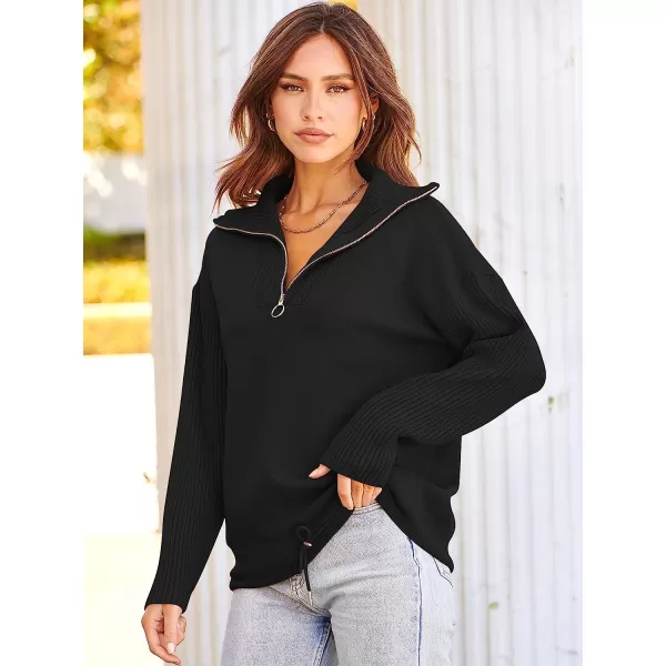 imageANRABESS Womens Oversized Long Sleeve Half Zipper Collared High Neck Pullover Sweatshirt Sweater PocketsBlack