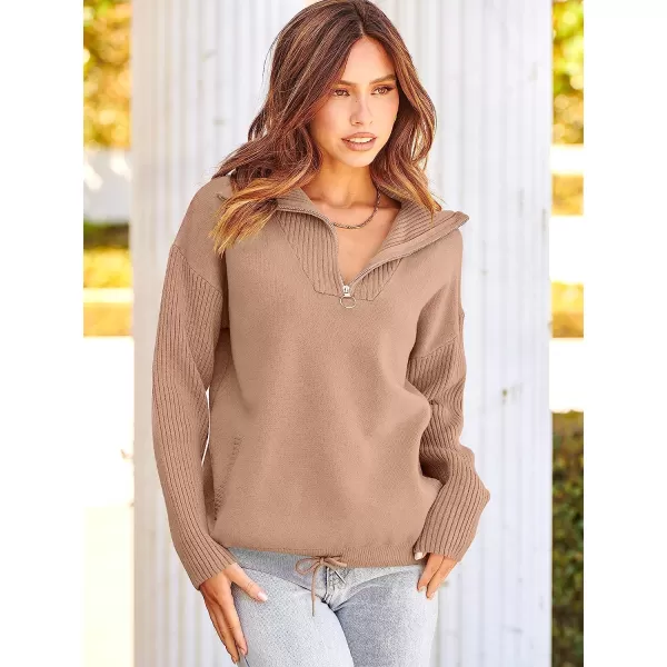 imageANRABESS Womens Oversized Long Sleeve Half Zipper Collared High Neck Pullover Sweatshirt Sweater PocketsKhaki