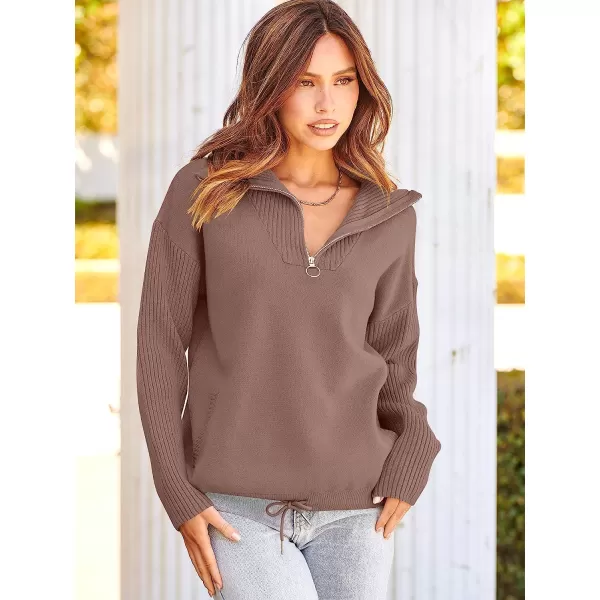 imageANRABESS Womens Oversized Long Sleeve Half Zipper Collared High Neck Pullover Sweatshirt Sweater PocketsMutmeg