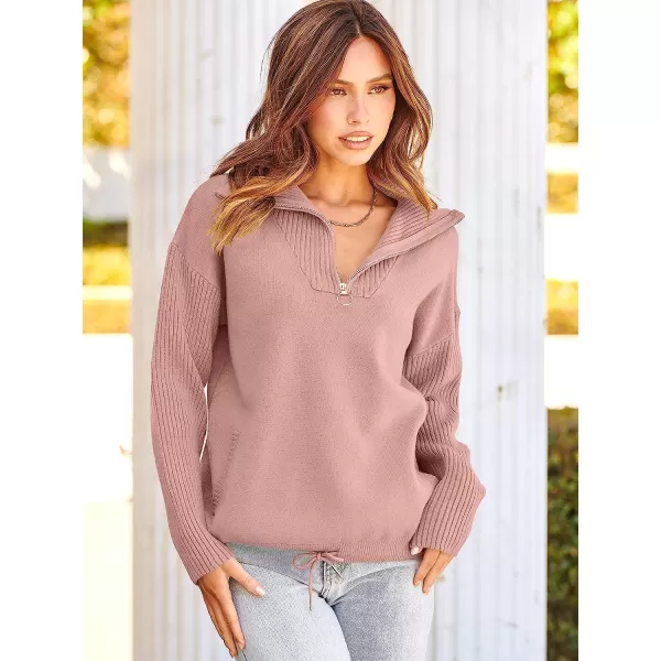 imageANRABESS Womens Oversized Long Sleeve Half Zipper Collared High Neck Pullover Sweatshirt Sweater PocketsPink