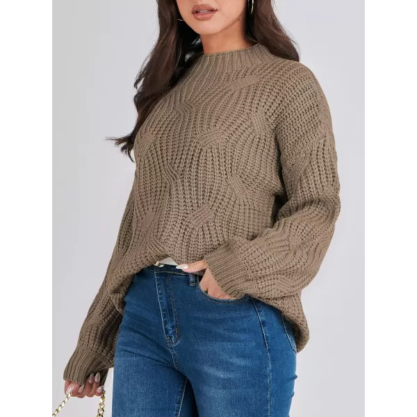 imageANRABESS Womens Oversized Mock Turtle Neck Long Sleeve Casual Loose Fit Chunky Cable Knit Fall Pullover Sweater TopBrown