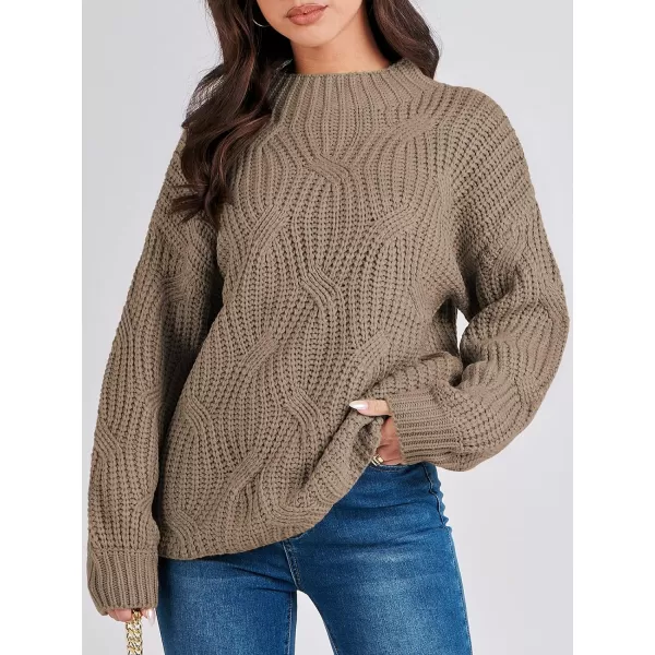 imageANRABESS Womens Oversized Mock Turtle Neck Long Sleeve Casual Loose Fit Chunky Cable Knit Fall Pullover Sweater TopBrown