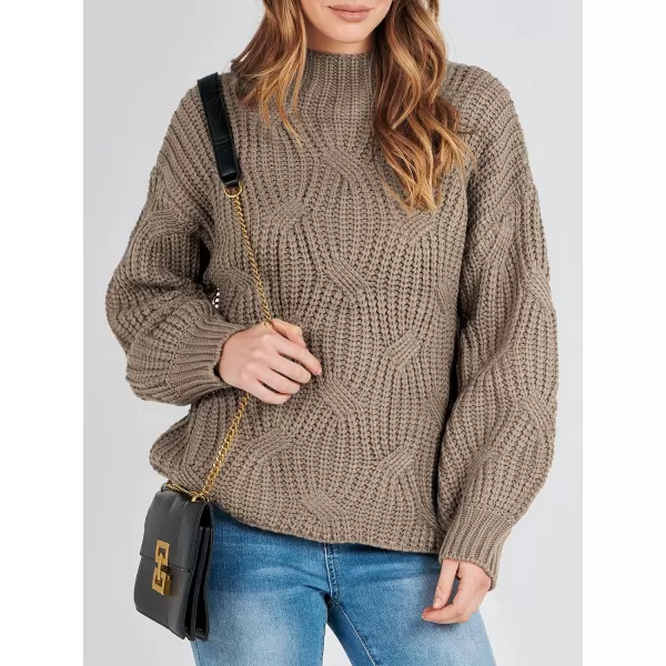imageANRABESS Womens Oversized Mock Turtle Neck Long Sleeve Casual Loose Fit Chunky Cable Knit Fall Pullover Sweater TopBrown