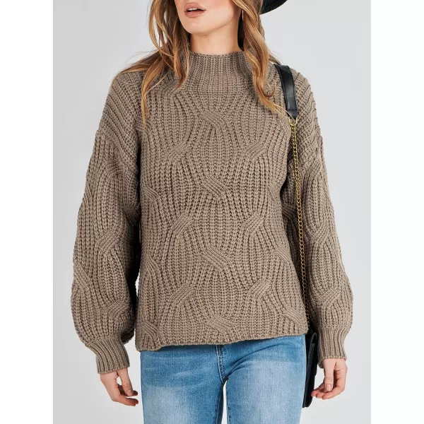 imageANRABESS Womens Oversized Mock Turtle Neck Long Sleeve Casual Loose Fit Chunky Cable Knit Fall Pullover Sweater TopBrown