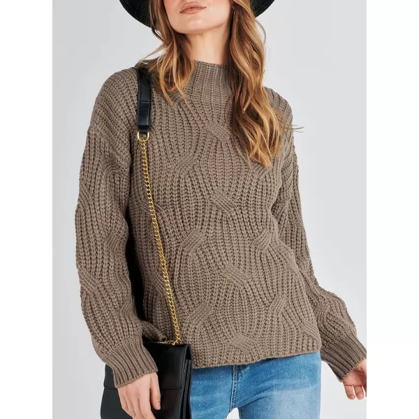 imageANRABESS Womens Oversized Mock Turtle Neck Long Sleeve Casual Loose Fit Chunky Cable Knit Fall Pullover Sweater TopBrown