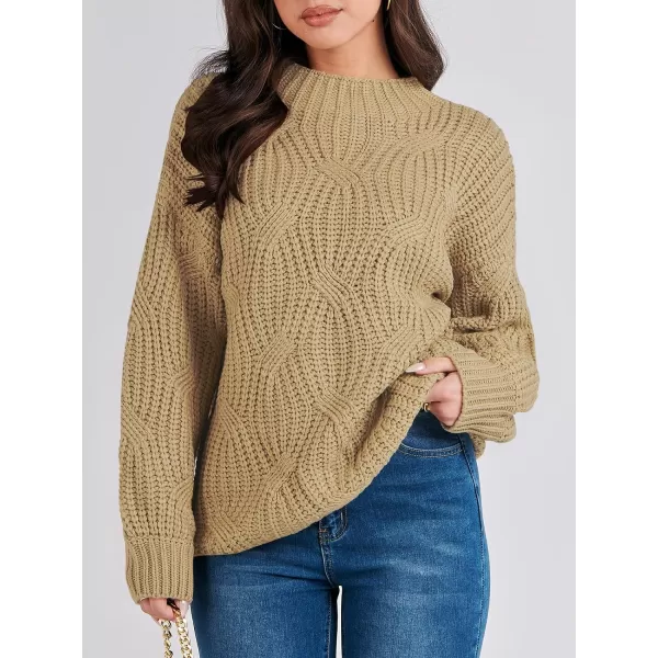 imageANRABESS Womens Oversized Mock Turtle Neck Long Sleeve Casual Loose Fit Chunky Cable Knit Fall Pullover Sweater TopKhaki