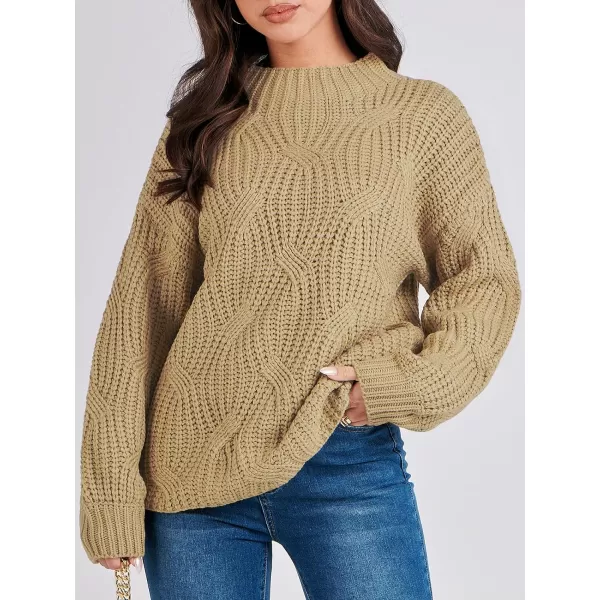imageANRABESS Womens Oversized Mock Turtle Neck Long Sleeve Casual Loose Fit Chunky Cable Knit Fall Pullover Sweater TopKhaki