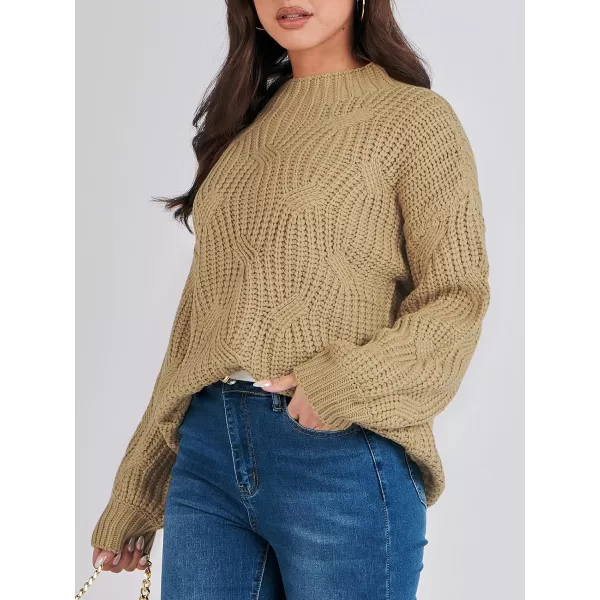 imageANRABESS Womens Oversized Mock Turtle Neck Long Sleeve Casual Loose Fit Chunky Cable Knit Fall Pullover Sweater TopKhaki