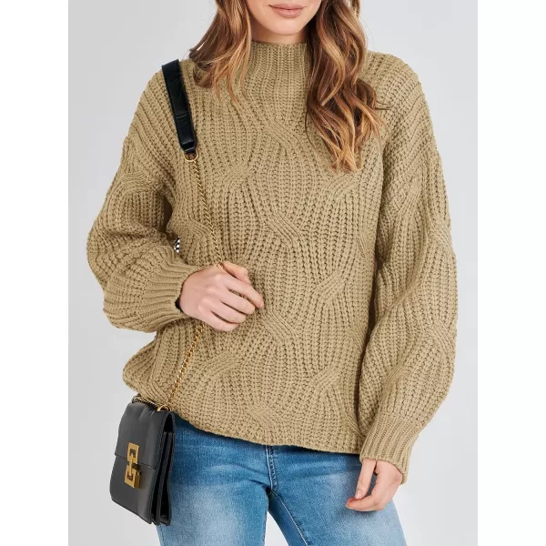 imageANRABESS Womens Oversized Mock Turtle Neck Long Sleeve Casual Loose Fit Chunky Cable Knit Fall Pullover Sweater TopKhaki