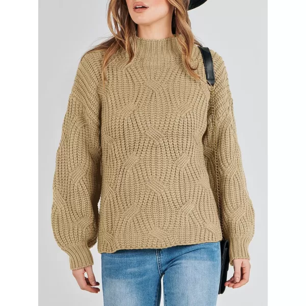 imageANRABESS Womens Oversized Mock Turtle Neck Long Sleeve Casual Loose Fit Chunky Cable Knit Fall Pullover Sweater TopKhaki