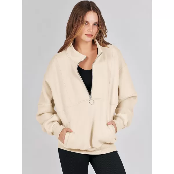 imageANRABESS Womens Oversized Quarter Zip Sweatshirt Long Sleeve Drop Shoulder Pullover Fleece Half Zip Hoodie Fall ClothesApricot
