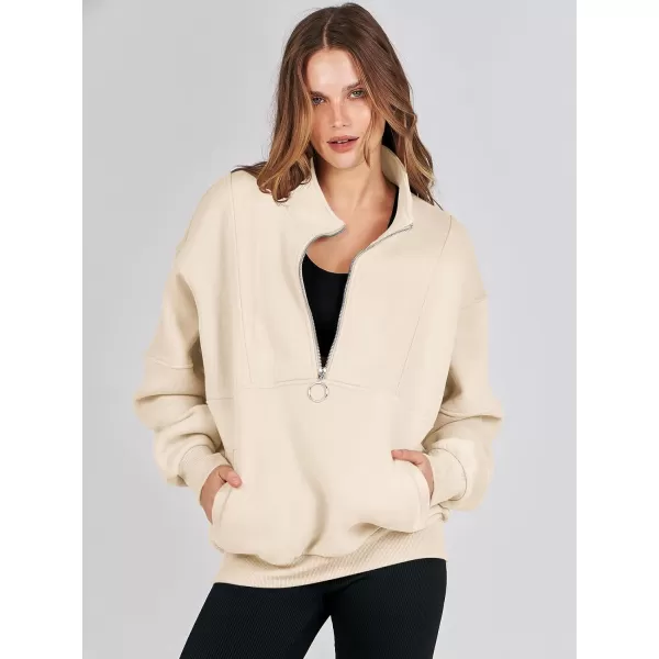 imageANRABESS Womens Oversized Quarter Zip Sweatshirt Long Sleeve Drop Shoulder Pullover Fleece Half Zip Hoodie Fall ClothesApricot