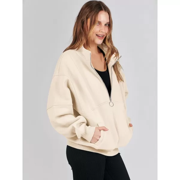 imageANRABESS Womens Oversized Quarter Zip Sweatshirt Long Sleeve Drop Shoulder Pullover Fleece Half Zip Hoodie Fall ClothesApricot