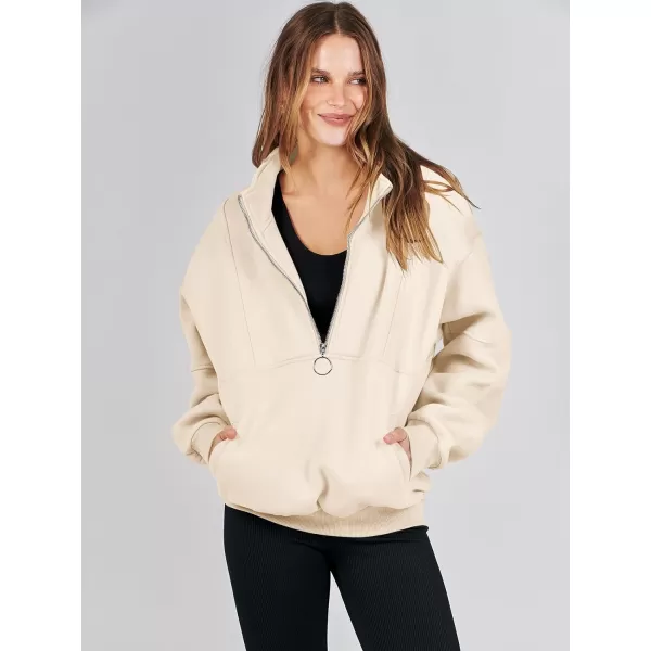 imageANRABESS Womens Oversized Quarter Zip Sweatshirt Long Sleeve Drop Shoulder Pullover Fleece Half Zip Hoodie Fall ClothesApricot