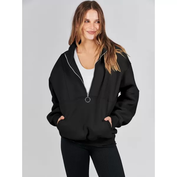 imageANRABESS Womens Oversized Quarter Zip Sweatshirt Long Sleeve Drop Shoulder Pullover Fleece Half Zip Hoodie Fall ClothesBlack