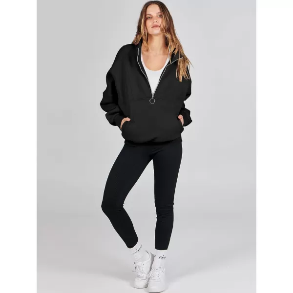 imageANRABESS Womens Oversized Quarter Zip Sweatshirt Long Sleeve Drop Shoulder Pullover Fleece Half Zip Hoodie Fall ClothesBlack