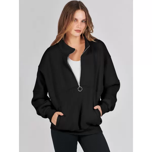 imageANRABESS Womens Oversized Quarter Zip Sweatshirt Long Sleeve Drop Shoulder Pullover Fleece Half Zip Hoodie Fall ClothesBlack