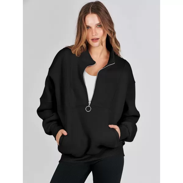 imageANRABESS Womens Oversized Quarter Zip Sweatshirt Long Sleeve Drop Shoulder Pullover Fleece Half Zip Hoodie Fall ClothesBlack