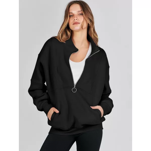 imageANRABESS Womens Oversized Quarter Zip Sweatshirt Long Sleeve Drop Shoulder Pullover Fleece Half Zip Hoodie Fall ClothesBlack