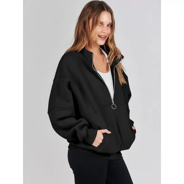 imageANRABESS Womens Oversized Quarter Zip Sweatshirt Long Sleeve Drop Shoulder Pullover Fleece Half Zip Hoodie Fall ClothesBlack
