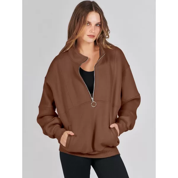 imageANRABESS Womens Oversized Quarter Zip Sweatshirt Long Sleeve Drop Shoulder Pullover Fleece Half Zip Hoodie Fall ClothesBrown