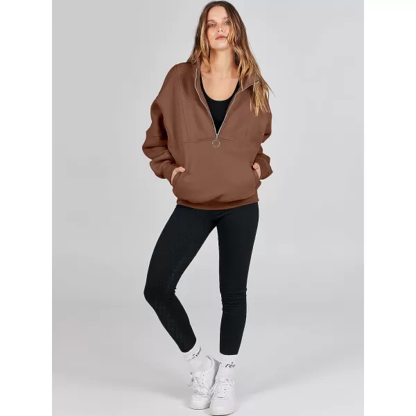 imageANRABESS Womens Oversized Quarter Zip Sweatshirt Long Sleeve Drop Shoulder Pullover Fleece Half Zip Hoodie Fall ClothesBrown