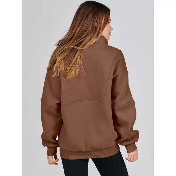 imageANRABESS Womens Oversized Quarter Zip Sweatshirt Long Sleeve Drop Shoulder Pullover Fleece Half Zip Hoodie Fall ClothesBrown