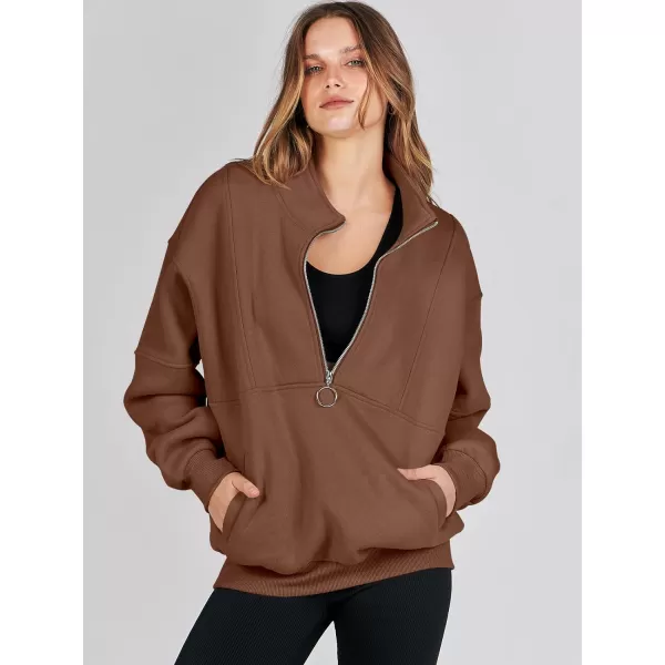 imageANRABESS Womens Oversized Quarter Zip Sweatshirt Long Sleeve Drop Shoulder Pullover Fleece Half Zip Hoodie Fall ClothesBrown