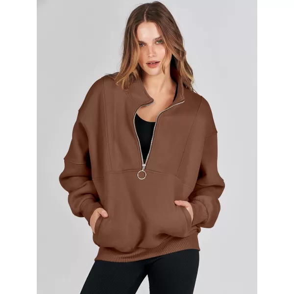 imageANRABESS Womens Oversized Quarter Zip Sweatshirt Long Sleeve Drop Shoulder Pullover Fleece Half Zip Hoodie Fall ClothesBrown