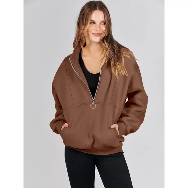 imageANRABESS Womens Oversized Quarter Zip Sweatshirt Long Sleeve Drop Shoulder Pullover Fleece Half Zip Hoodie Fall ClothesBrown