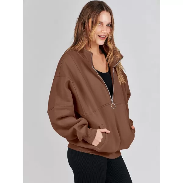 imageANRABESS Womens Oversized Quarter Zip Sweatshirt Long Sleeve Drop Shoulder Pullover Fleece Half Zip Hoodie Fall ClothesBrown