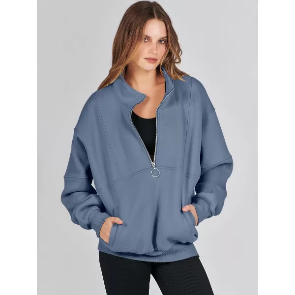 imageANRABESS Womens Oversized Quarter Zip Sweatshirt Long Sleeve Drop Shoulder Pullover Fleece Half Zip Hoodie Fall ClothesGrey Blue