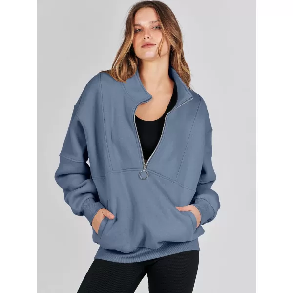 imageANRABESS Womens Oversized Quarter Zip Sweatshirt Long Sleeve Drop Shoulder Pullover Fleece Half Zip Hoodie Fall ClothesGrey Blue