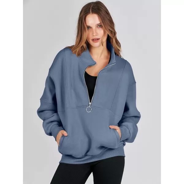imageANRABESS Womens Oversized Quarter Zip Sweatshirt Long Sleeve Drop Shoulder Pullover Fleece Half Zip Hoodie Fall ClothesGrey Blue