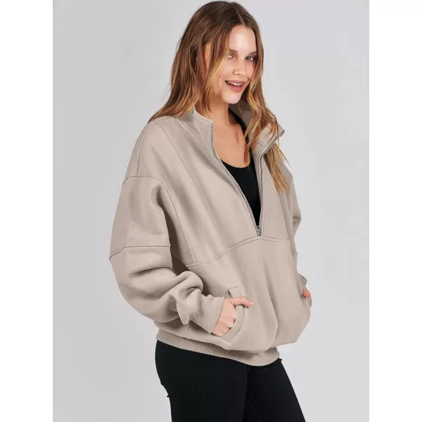 imageANRABESS Womens Oversized Quarter Zip Sweatshirt Long Sleeve Drop Shoulder Pullover Fleece Half Zip Hoodie Fall ClothesLight Brown